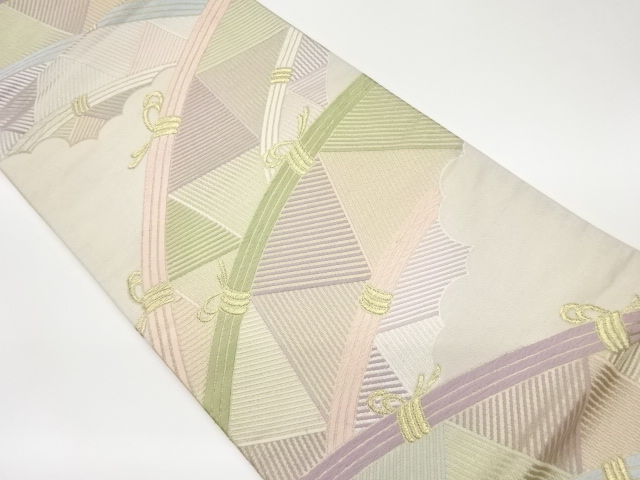 雲・斜線に結び紐模様織出し袋帯